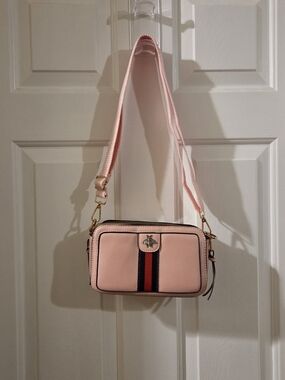 Pink Crossbody Bag with Navy and Red Stripe